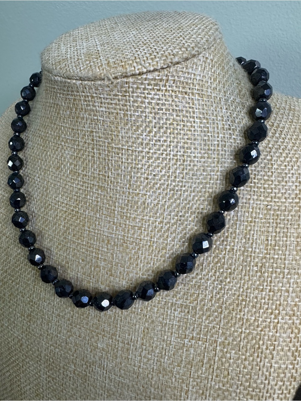 Vintage Faceted Black Crystal Bead Necklace - Victorian Revival
